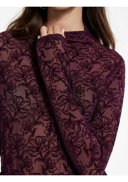 Slim Fit Uzun Kollu Hafif Dik Yaka Transparan Dantelli Tişört indirimleri