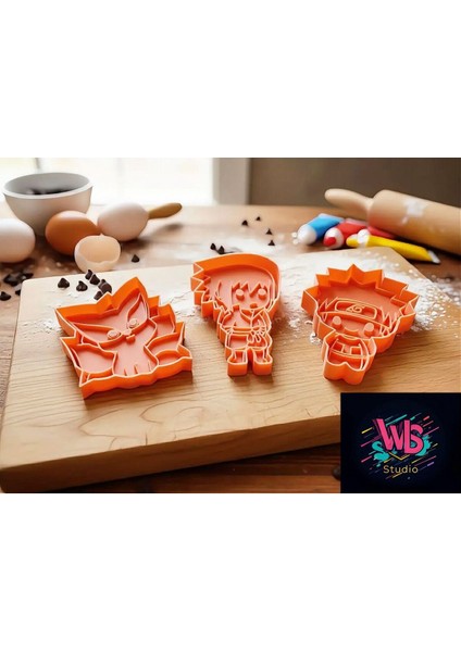 3'lü Naruto | Sasuke | Kyubi Kurabiye Kalıbı ve Şeker Hamuru Şekillendirici Seti