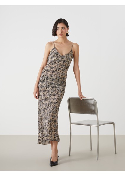 Yeni Sezon Kalp Yaka Yılan Derisi Desenli Askılı Elbise