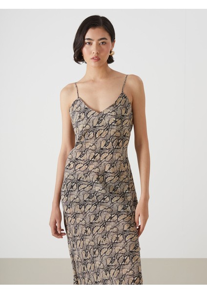 Yeni Sezon Kalp Yaka Yılan Derisi Desenli Askılı Elbise fiyatları