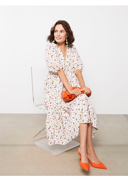 Yeni Sezon V Yaka Çiçekli Balon Kollu Kadın Elbise