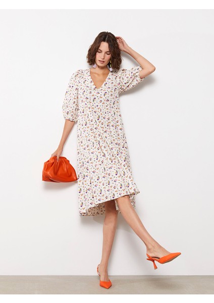 Yeni Sezon V Yaka Çiçekli Balon Kollu Kadın Elbise fiyatları