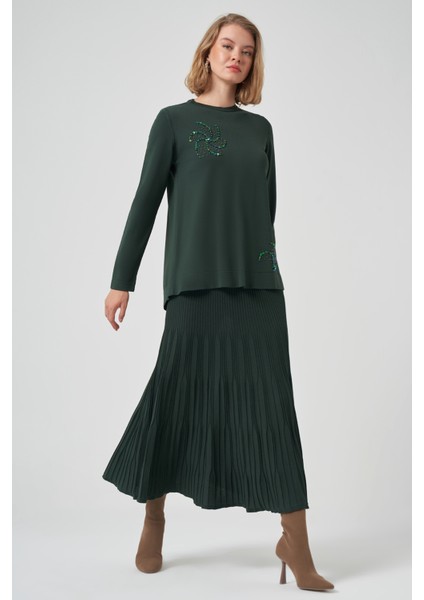 Taş Detay Etekli Triko Takım 1352 Çam Yeşil
