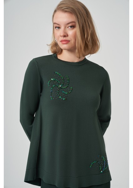 Taş Detay Etekli Triko Takım 1352 Çam Yeşil fiyatları