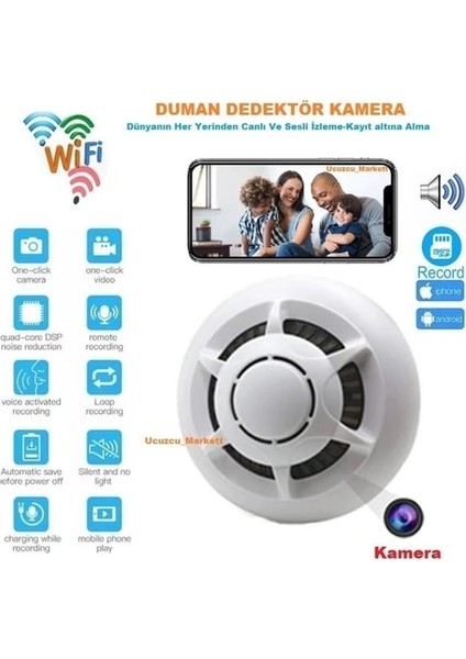 Duman Dedektörü Kamera Uzaktan Canlı Izleme ve Kayıt Etme (Şarjlıdır-Gece Görüşlü Değildir)