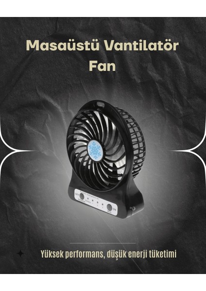 Şarjlı USB Fan – Masaüstü Mini Vantilatör, Taşınabilir, Işıklı, 3 Kademeli, Sessiz