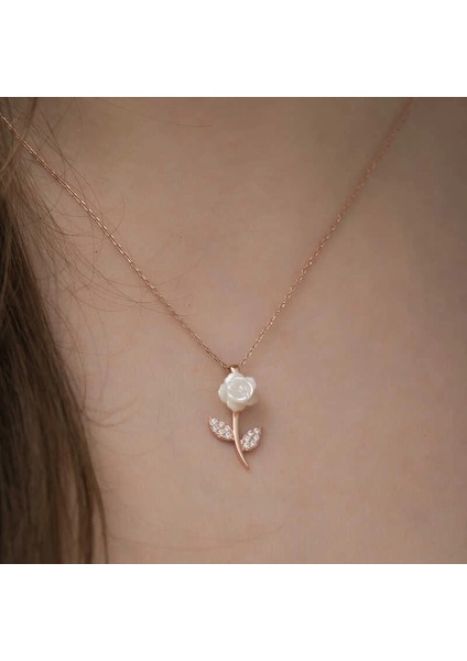 Gümüş Rose Beyaz Gül Kolye modelleri