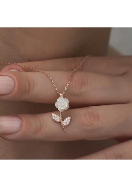 Gümüş Rose Beyaz Gül Kolye fırsatları