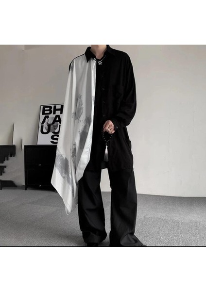 Incerun Erkekler Için Büyük Beden Rahat Uzun Kollu Tasarı Gömlek , Japon ve Kore Tarzı Tasarım Büyük Beden Gömlek,