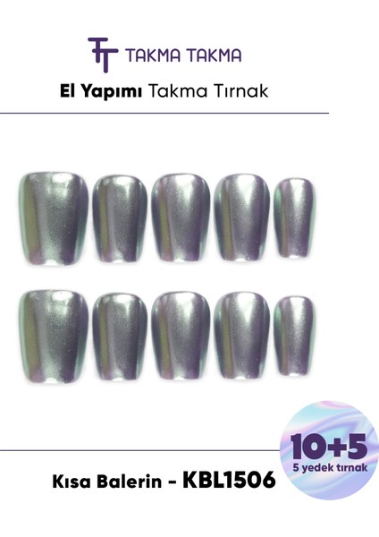 10'lu Gümüş Kısa Balerin KBL1506 Tekrar Kullanılabilir El Yapımı Protez Takma Tırnak - Gümüş-XS