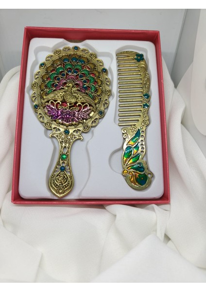 Tavus Kuşu Temalı Lüks Vintage Ayna ve Tarak Seti