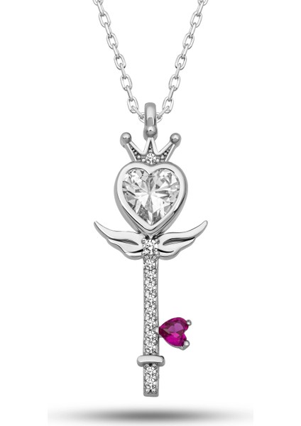 Gümüş Kalp Taç Anahtar Kadın Kolye