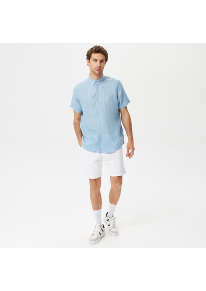 Erkek Mavi Classic Fit Kısa Kollu Keten Gömlek W35100T.4NN