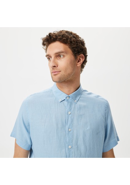 Erkek Mavi Classic Fit Kısa Kollu Keten Gömlek W35100T.4NN