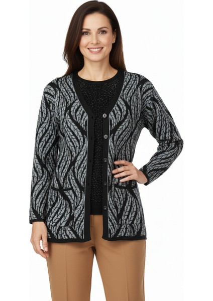 Kadın Kışlık Yünlü Örme Anne Hırka V Yaka Sümbül Motifli Çift Cepli Düğmeli Likralı Rahat fırsatları