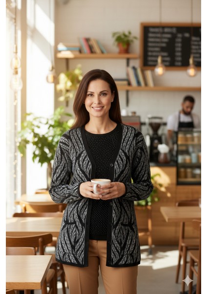 Kadın Kışlık Yünlü Örme Anne Hırka V Yaka Sümbül Motifli Çift Cepli Düğmeli Likralı Rahat indirimleri