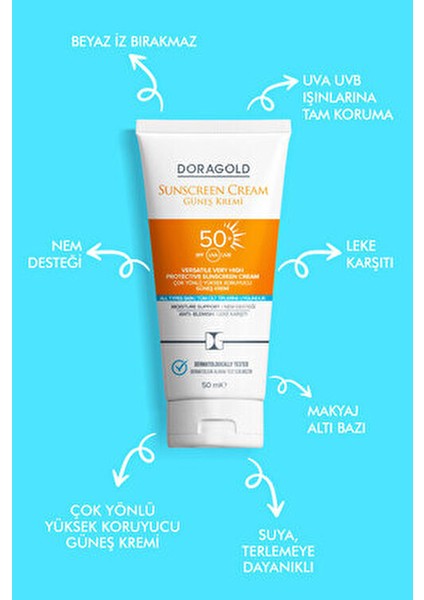 50 Spf Leke Karşıtı, Nem Desteği Çok Yönlü Güneş Kremi Tüm Cilt Tipleri 50 ml indirimleri