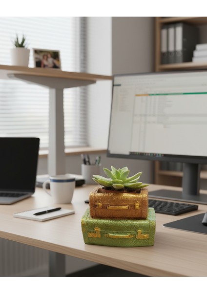Vintage Çift Bavul Saksı- Masaüstü Düzenleyici- Dekoratif Bavul Saksı Yeşil-Kahve 12*8 indirimleri