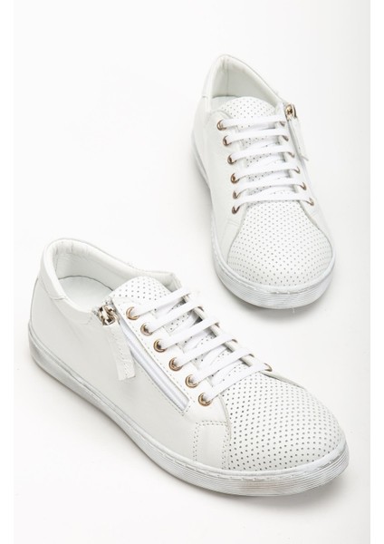 Kadın Beyaz Hakiki Deri Delikli Spor Ayakkabı