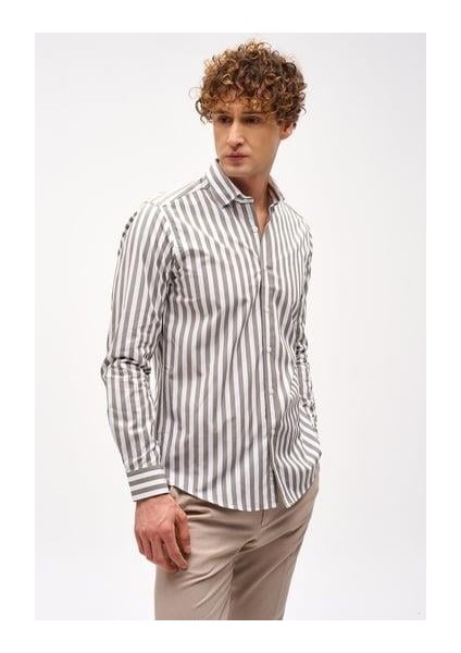 Haki Dynamic Fit Düğmeli Yaka Çizgili Uzun Kollu Cepsiz %100 Pamuk Gömlek modelleri