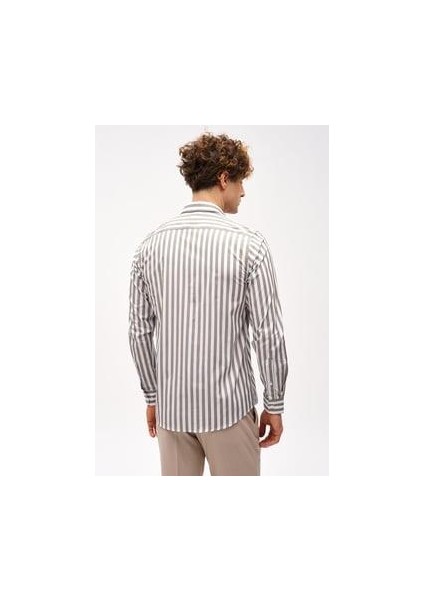 Haki Dynamic Fit Düğmeli Yaka Çizgili Uzun Kollu Cepsiz %100 Pamuk Gömlek indirimleri