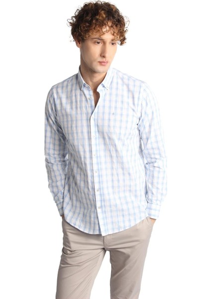 Mavi Dynamic Fit Düğmeli Yaka Ekose Uzun Kollu Cepsiz %100 Pamuk Gömlek