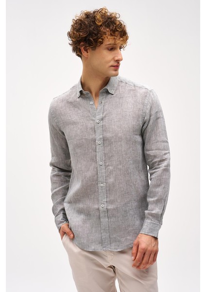 Haki Dynamic Fit Düğmeli Yaka Düz Uzun Kollu Cepsiz %100 Keten Gömlek
