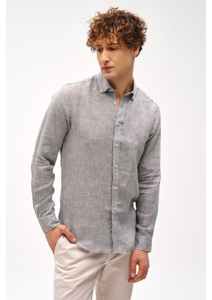 Haki Dynamic Fit Düğmeli Yaka Düz Uzun Kollu Cepsiz %100 Keten Gömlek fiyatları