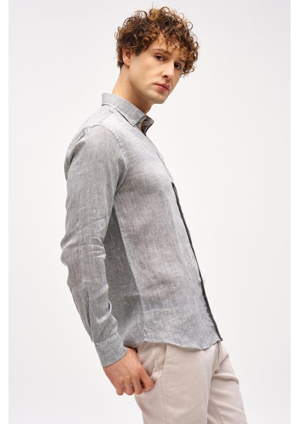 Haki Dynamic Fit Düğmeli Yaka Düz Uzun Kollu Cepsiz %100 Keten Gömlek modelleri