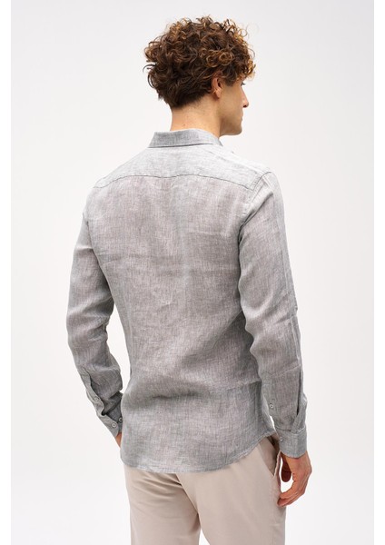 Haki Dynamic Fit Düğmeli Yaka Düz Uzun Kollu Cepsiz %100 Keten Gömlek indirimleri