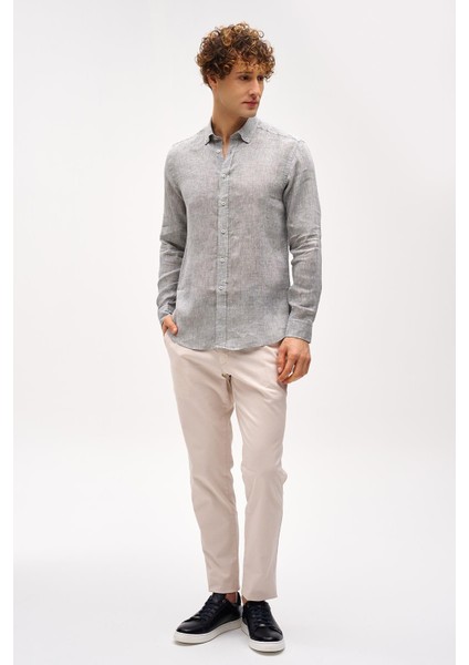Haki Dynamic Fit Düğmeli Yaka Düz Uzun Kollu Cepsiz %100 Keten Gömlek