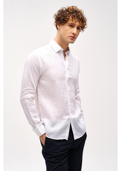 Beyaz Dynamic Fit Düğmeli Yaka Düz Uzun Kollu Cepsiz %100 Keten Gömlek fiyatları