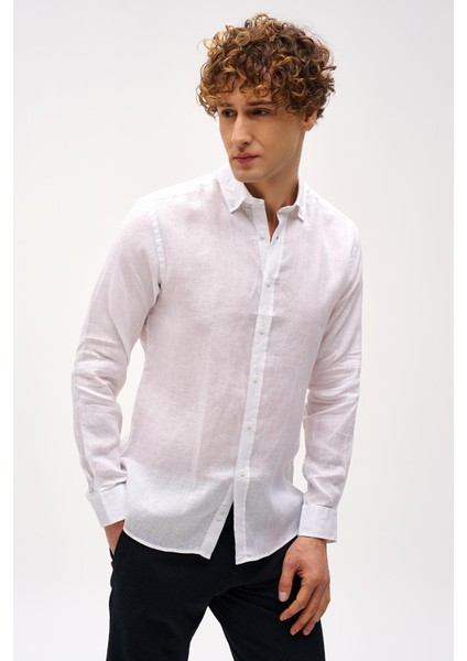 Beyaz Dynamic Fit Düğmeli Yaka Düz Uzun Kollu Cepsiz %100 Keten Gömlek modelleri