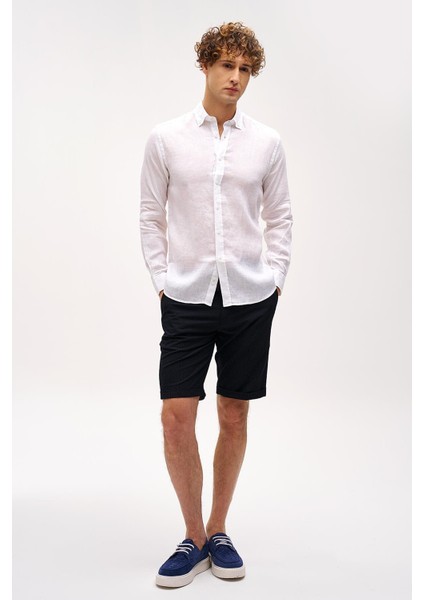 Beyaz Dynamic Fit Düğmeli Yaka Düz Uzun Kollu Cepsiz %100 Keten Gömlek fırsatları