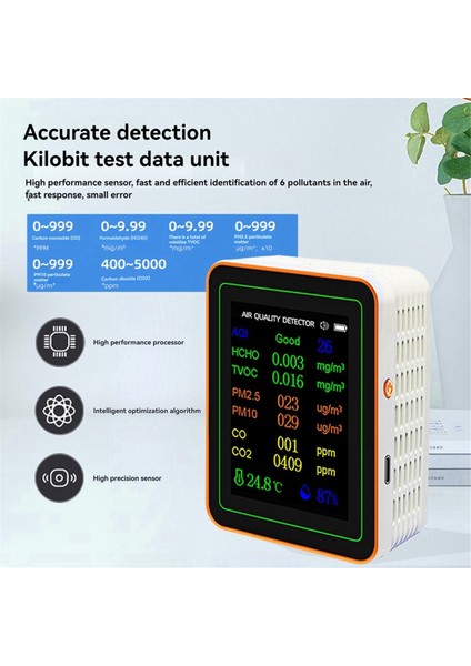 10 Arada 1 Hava Kalitesi Monitör Aqı Hcho Tvoc Pm2.5 PM10 Co2 Co2 Sıcaklık ve Nem Test Cihazı Karbon Dioksit Dedektörü Siyah (Yurt Dışından)