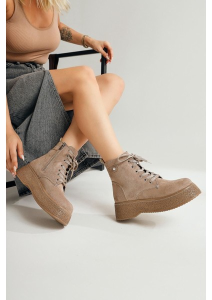 Kadın Postal Bot Bağcıklı Yandan Fermuarlı Vizon Termo Kaymaz Taban