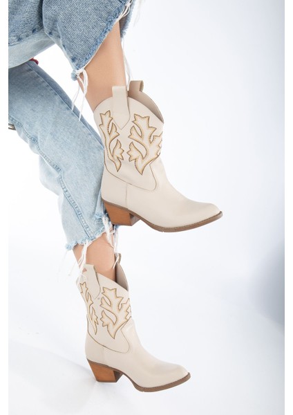 Norah Krem Cilt Topuklu Nakışlı Kovboy Bot
