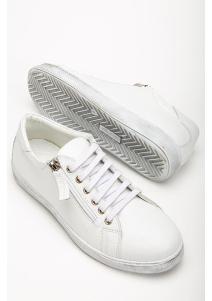 Kadın Beyaz Hakiki Deri Yandan Fermuarlı Bağcıklı Spor Ayakkabı