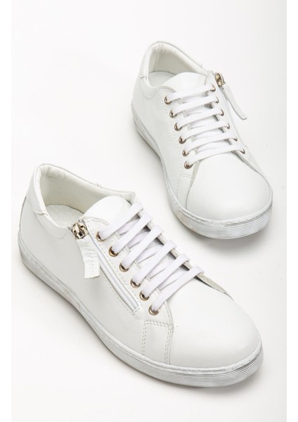 Kadın Beyaz Hakiki Deri Yandan Fermuarlı Bağcıklı Spor Ayakkabı fiyatları