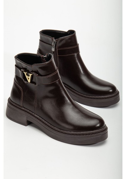 Kadın Tokalı Soğuk Geçirmez Parlak Kahverengi Kışlık Bot