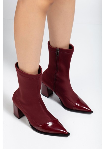 Kadın Bordo Streç Rugan Bilekli Orta Boy Topuklu Bot