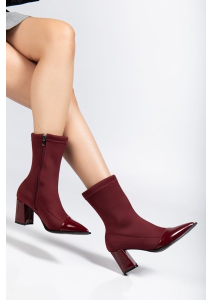 Kadın Bordo Streç Rugan Bilekli Orta Boy Topuklu Bot fiyatları