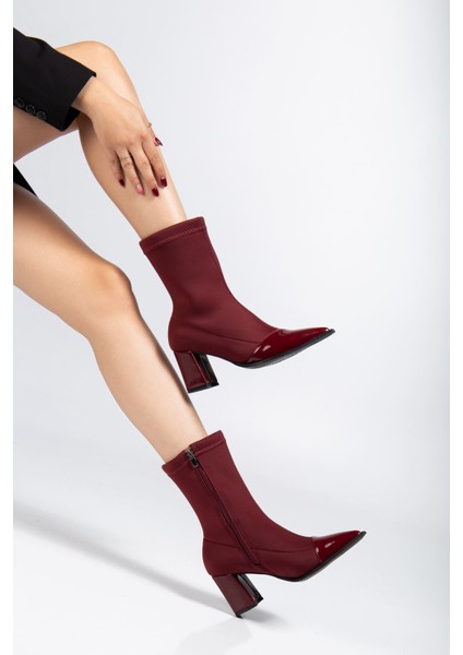Kadın Bordo Streç Rugan Bilekli Orta Boy Topuklu Bot modelleri