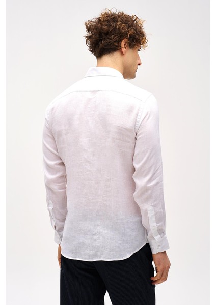 Beyaz Dynamic Fit Düğmeli Yaka Düz Uzun Kollu Cepsiz %100 Keten Gömlek indirimleri