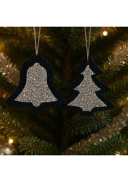 Taşlı Keçe Yılbaşı Süsü 2’li Set (Çan & Çam Ağacı) – Çift Taraflı | 4 Renk Seçenekli |