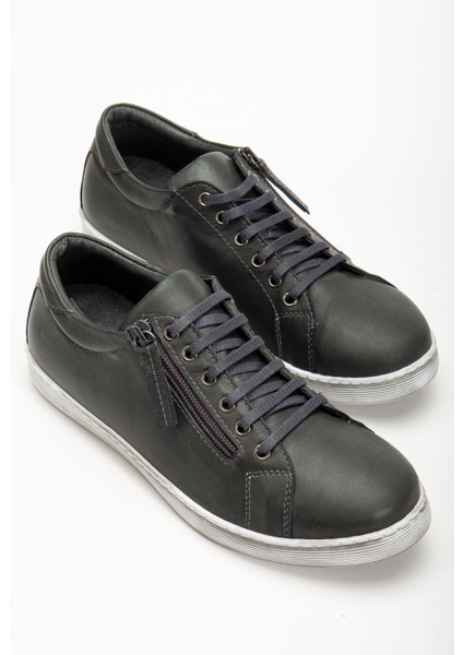 Kadın Füme Hakiki Deri Yandan Fermuarlı Bağcıklı Spor Ayakkabı