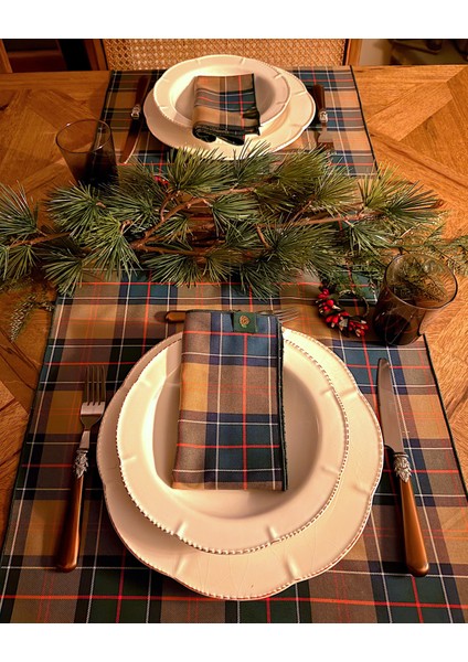 Bej Yeşil Ekose Runner 45X150 cm Yılbaşı Davet Yeni Yıl Masa Runner