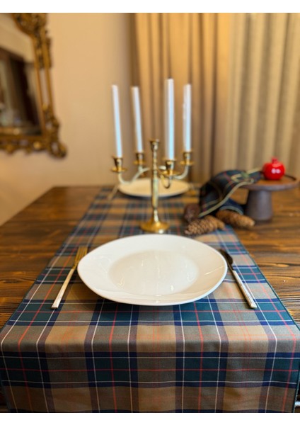 Bej Yeşil Ekose Runner 45X150 cm Yılbaşı Davet Yeni Yıl Masa Runner modelleri