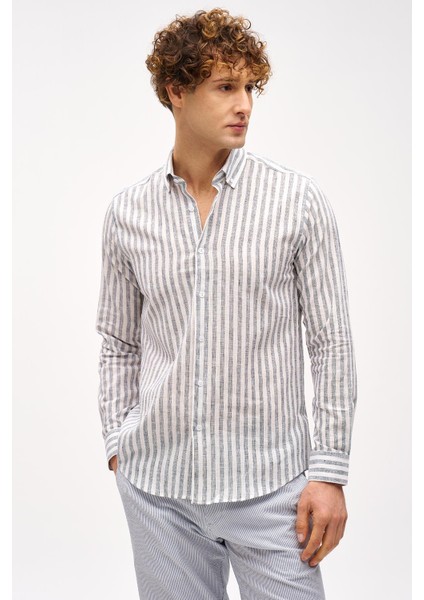 Lacivert Dynamic Fit Düğmeli Yaka Çizgili Uzun Kollu Cepsiz Pamuklu Gömlek