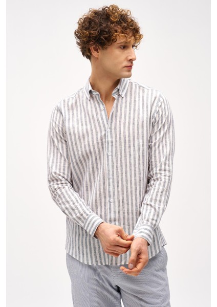 Lacivert Dynamic Fit Düğmeli Yaka Çizgili Uzun Kollu Cepsiz Pamuklu Gömlek fiyatları